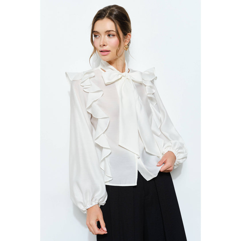 Soft Wool Blouse with Bow Tie & Pearl Buttons