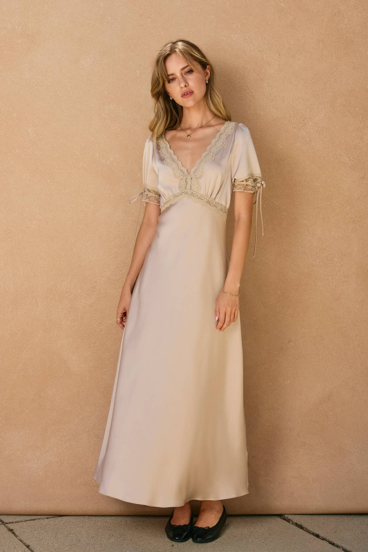 Dull Satin Lace Trim Plunging Midi Dress