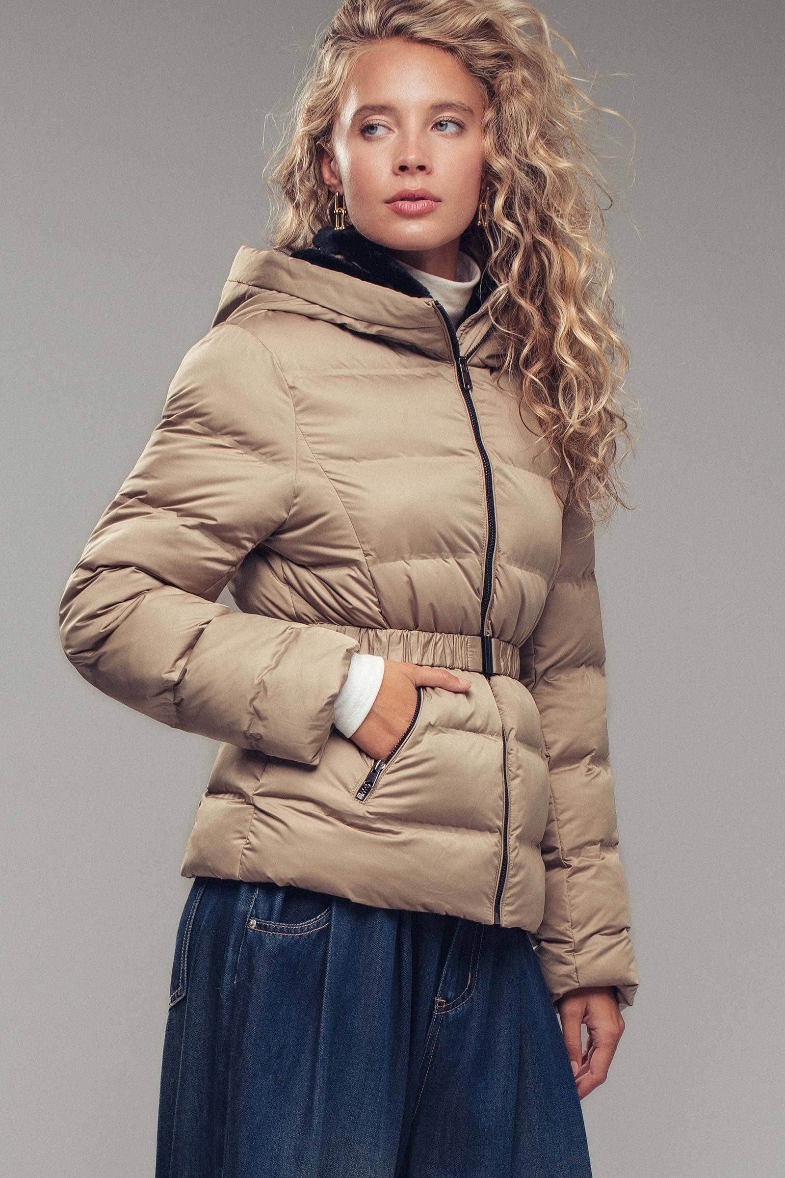 Belted Faux Fur Hooded Puffer Jacket