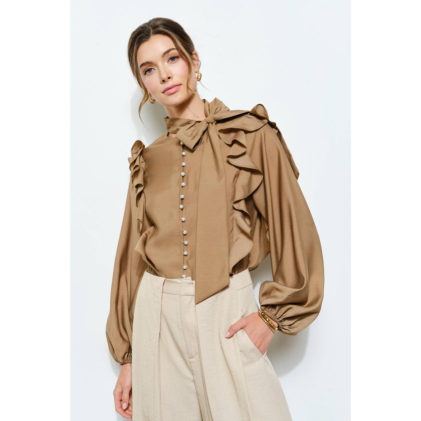 Soft Wool Blouse with Bow Tie & Pearl Buttons