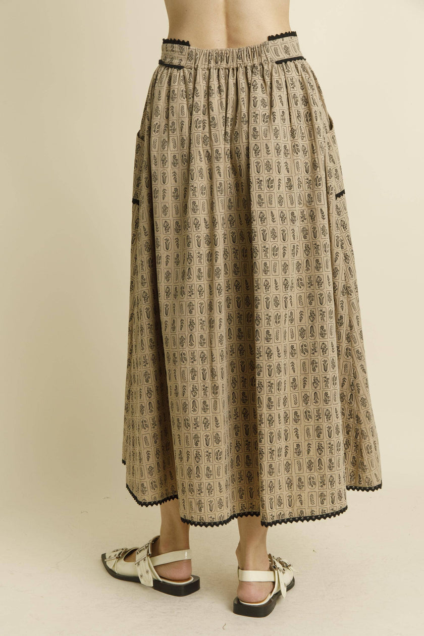 Floral Midi Skirt with Trim