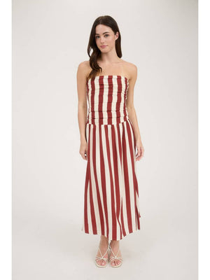 Vertical Stripe Strapless Midi Dress | Red