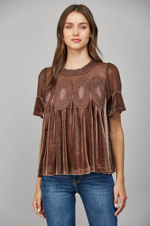 Lace Detail Velvet Babydoll Top