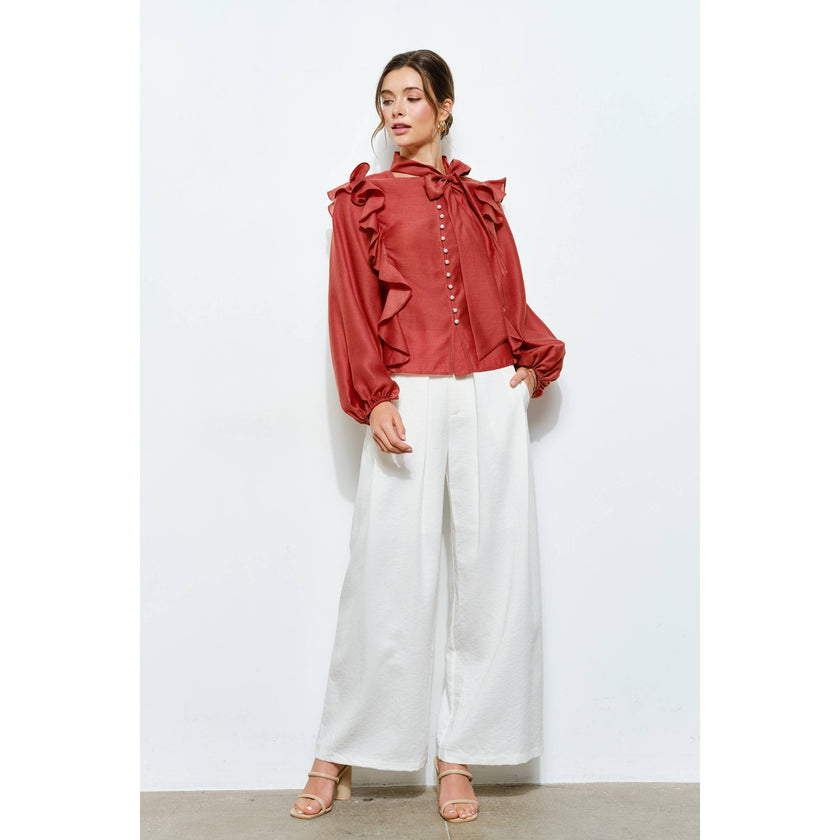 Soft Wool Blouse with Bow Tie & Pearl Buttons