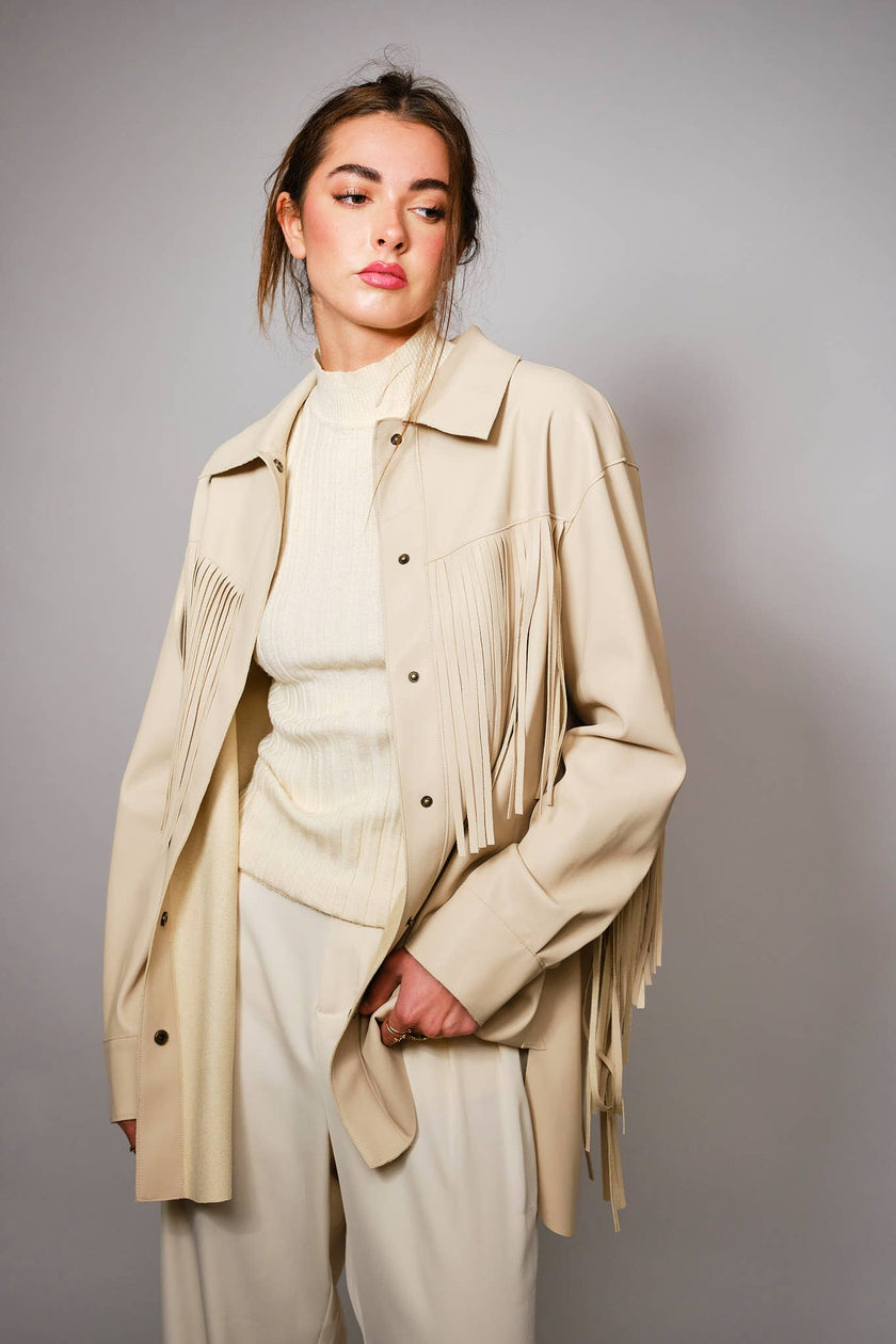 Fringe Trim Faux Leather Snap Jacket