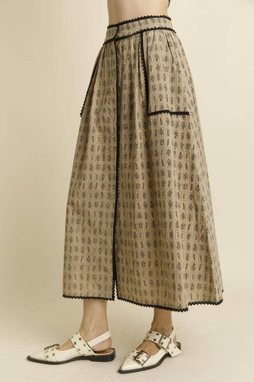 Floral Midi Skirt with Trim