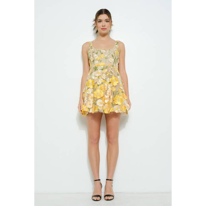 Sleeveless 3D Floral Embroidered Mini Dress