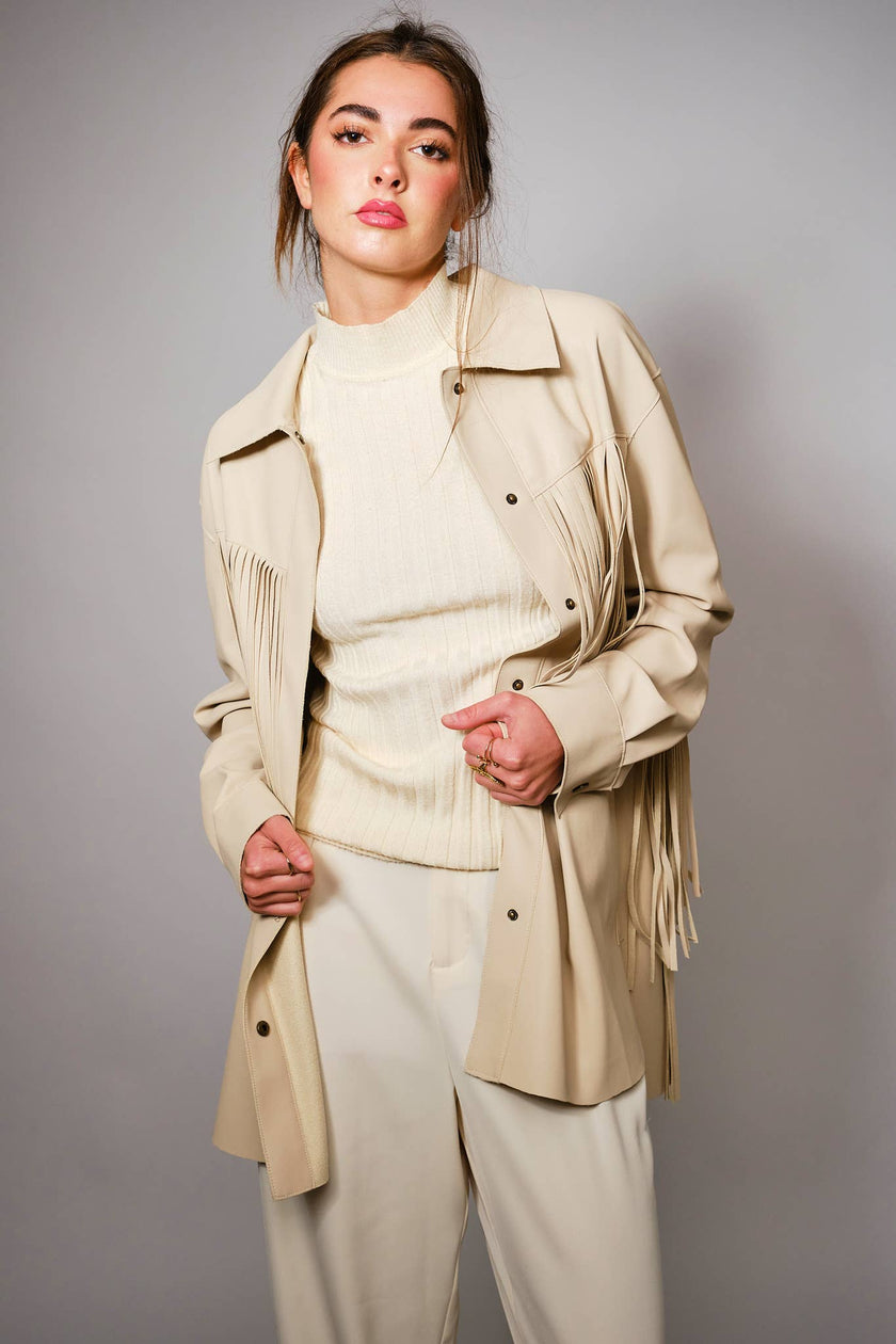 Fringe Trim Faux Leather Snap Jacket