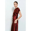 Burgundy Satin Side‑Knot Draped Midi Dress