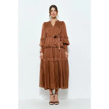 Shimmer Crinkled Long Sleeve Tiered Midi Dress