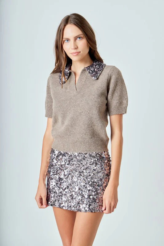 Sequin-Collar Knit Sweater