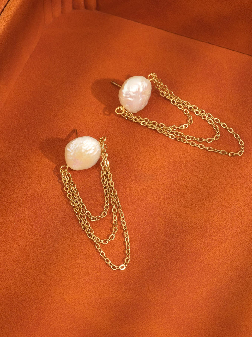 Gold Plated Baroque Pearl Chain Earrings