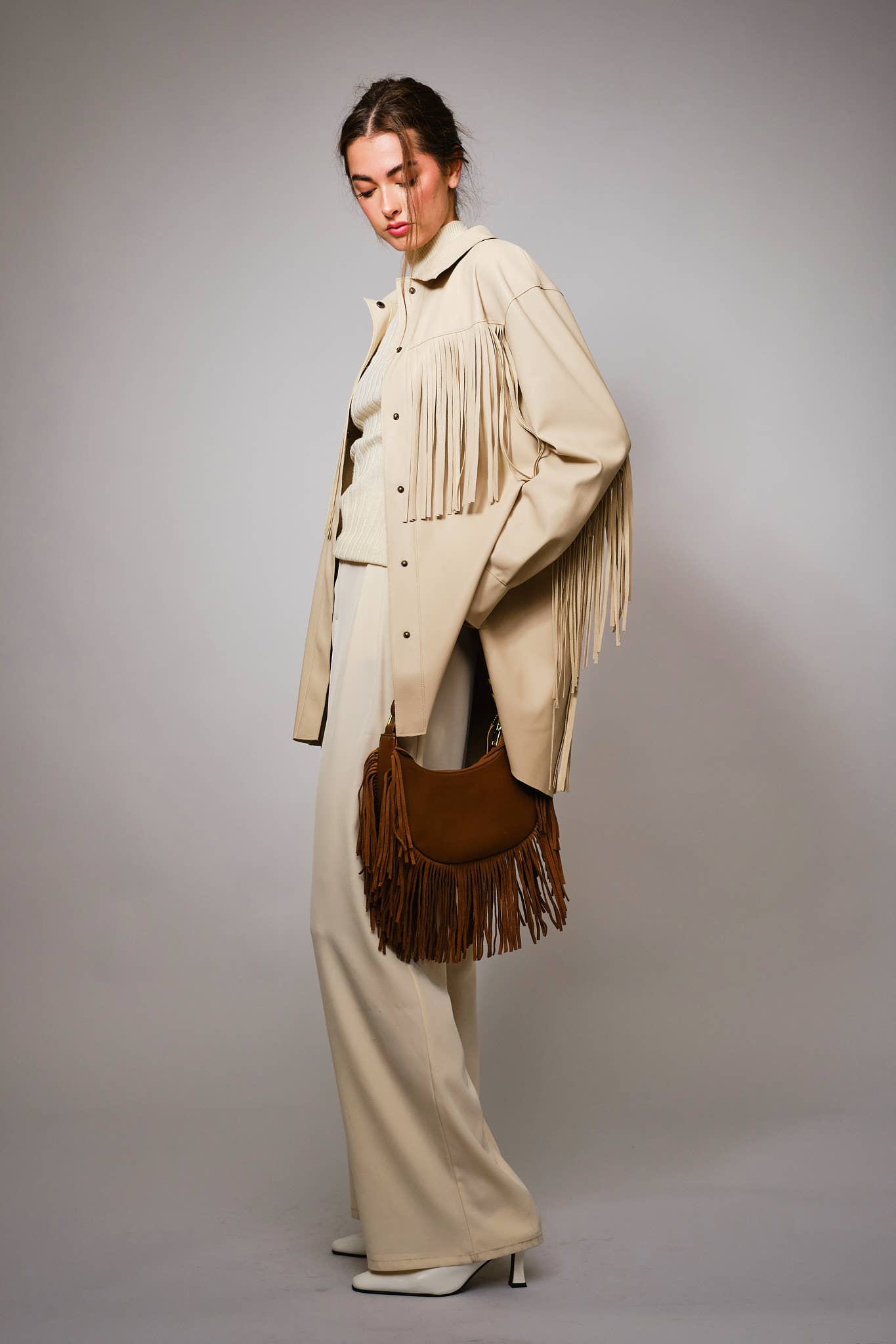 Fringe Trim Faux Leather Snap Jacket