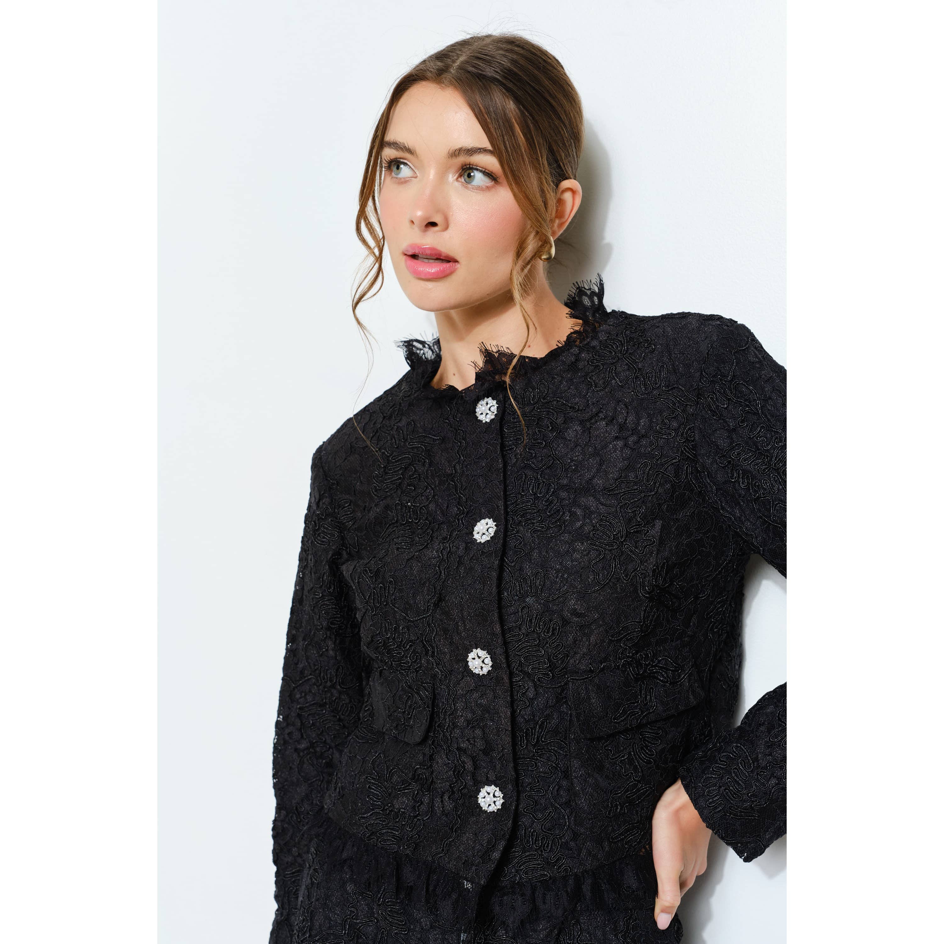 Lace Fringe Trim Pearl Button Cropped Jacket