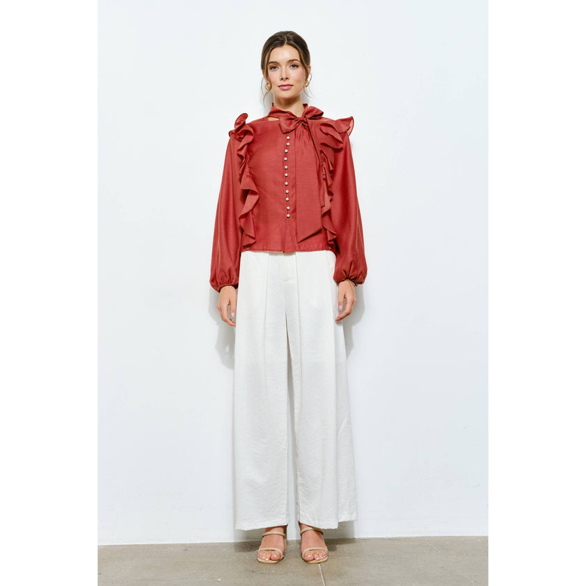 Soft Wool Blouse with Bow Tie & Pearl Buttons