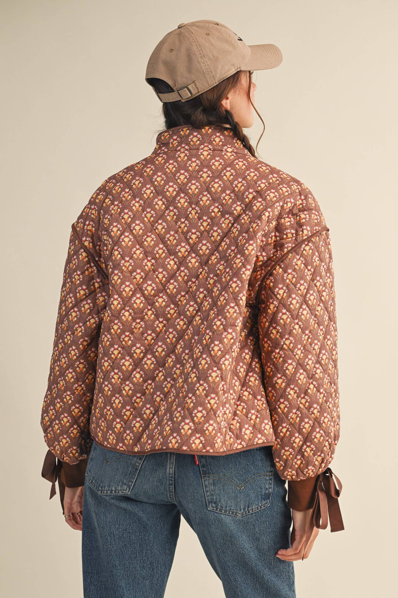 Floral Quilted Jacket Ribbon Sleeve