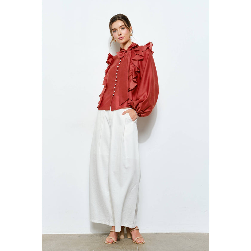 Soft Wool Blouse with Bow Tie & Pearl Buttons