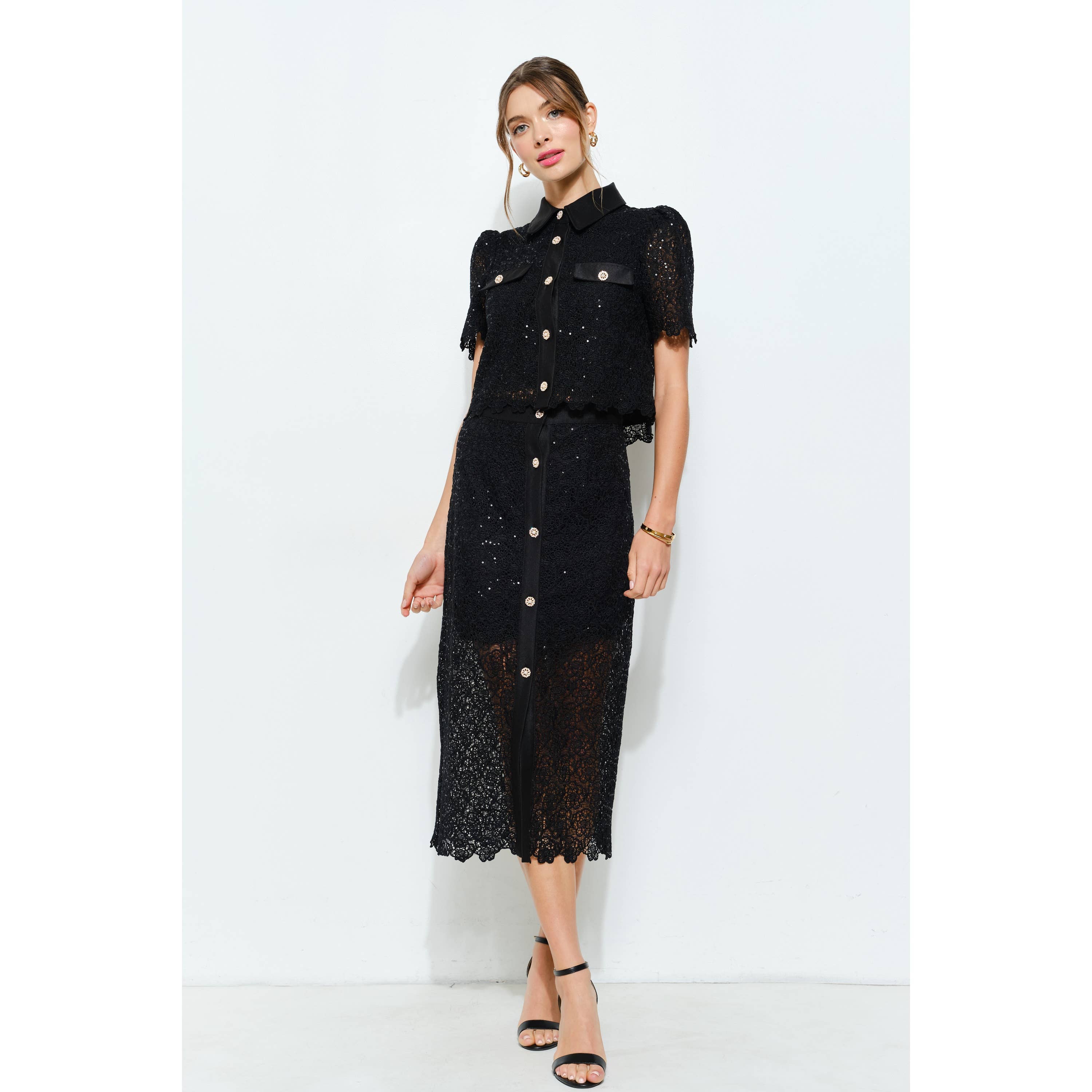 Floral Lace Button-Front Midi Skirt