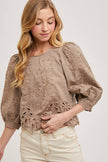 Lace Cutout Bottom Hem Bubble Sleeve Top