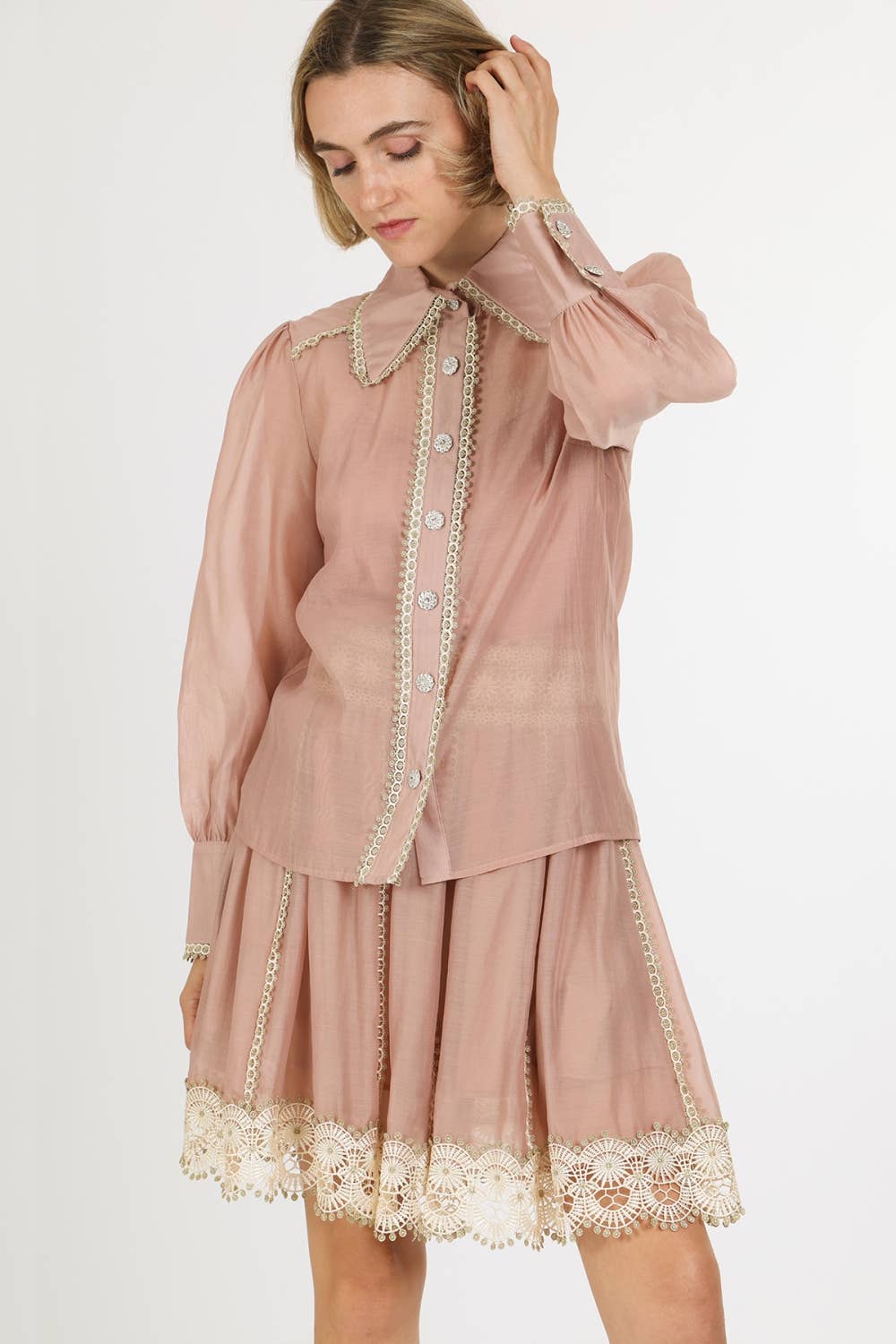 Lace Trim Detail Chiffon Shirt & Mini Skirt Set