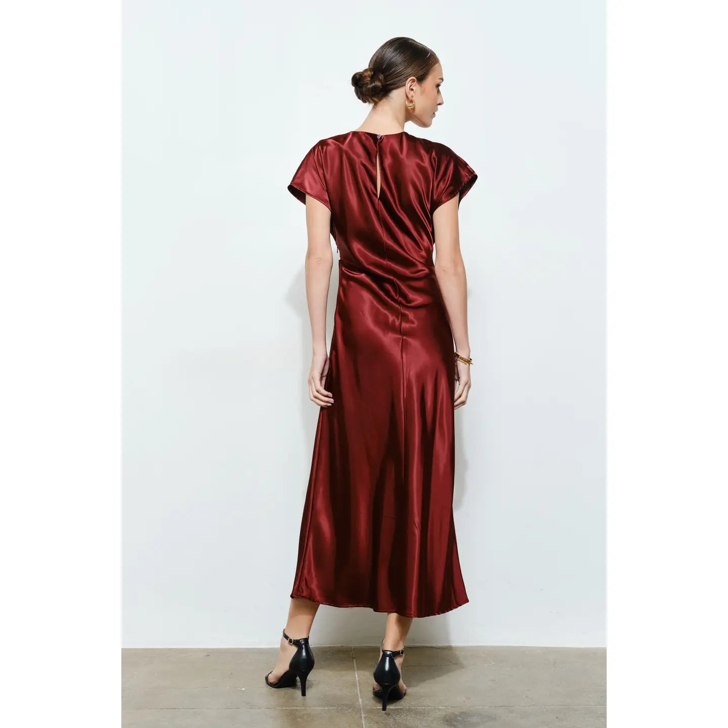 Burgundy Satin Side‑Knot Draped Midi Dress