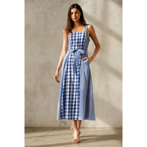 White Blue Check Maxi Dress
