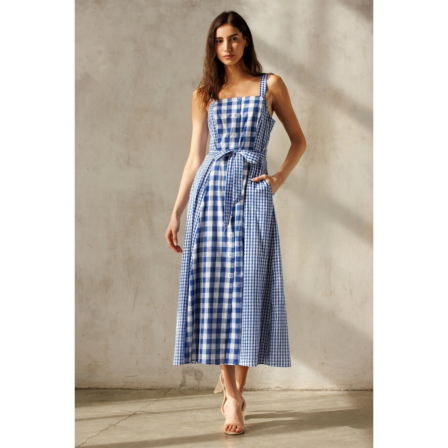 White Blue Check Maxi Dress