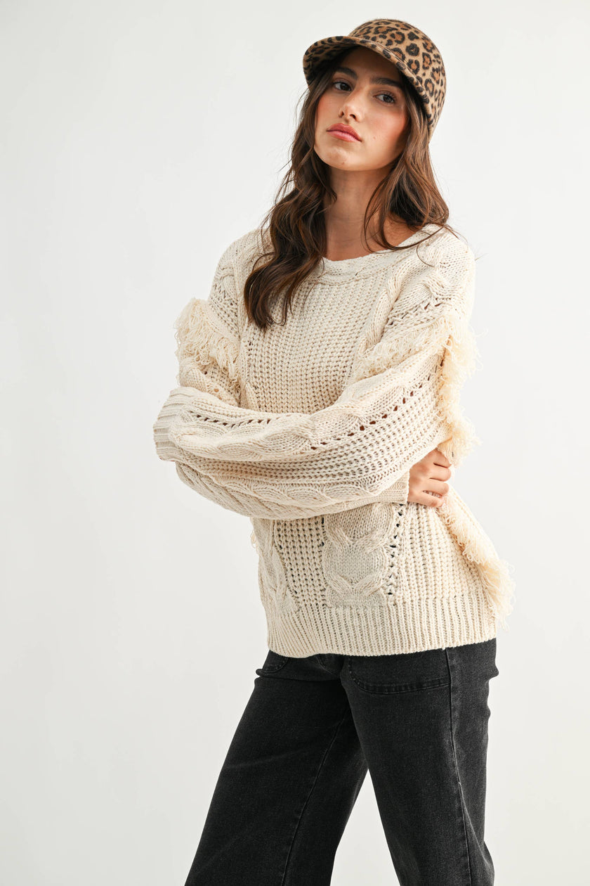 Fringe Detail Cable Knit Sweater