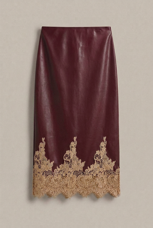 Faux Leather Midi Skirt with Lace Hem