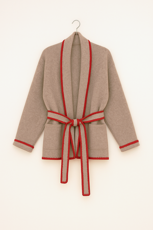 Flat White WhipStitch Cardigan with Belt in Camel