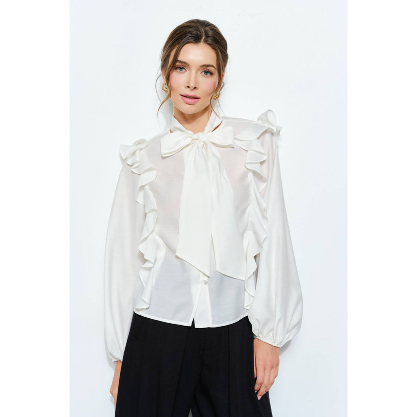 Soft Wool Blouse with Bow Tie & Pearl Buttons
