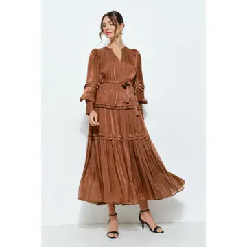 Shimmer Crinkled Long Sleeve Tiered Midi Dress