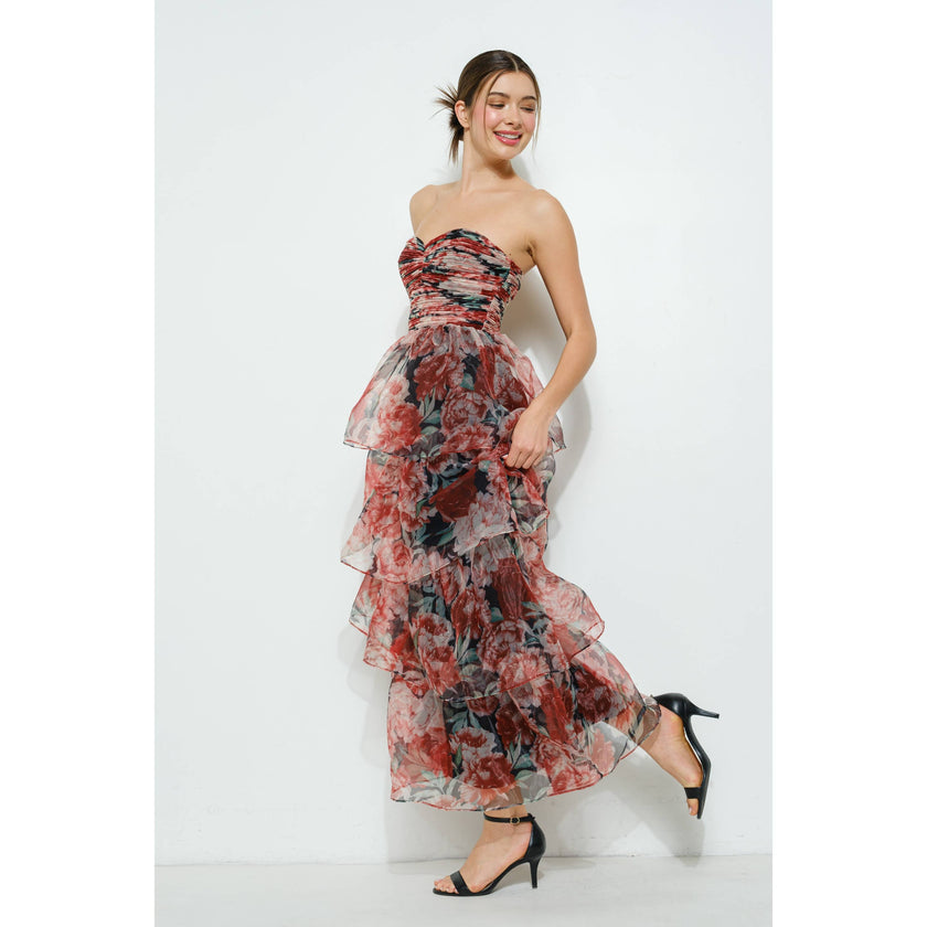 Floral-Tiered Strapless Maxi Dress