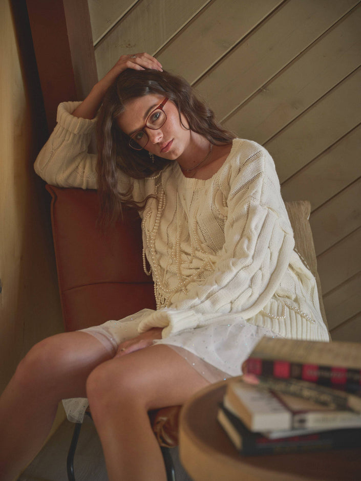Pearl Dangle Cable Sweater Oversize Pullover