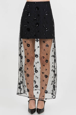 Semi Sheer Sequined Lace Midi Skirt