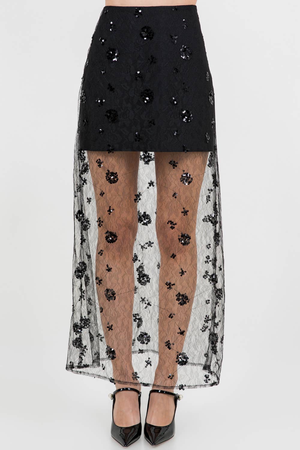 Semi Sheer Sequined Lace Midi Skirt