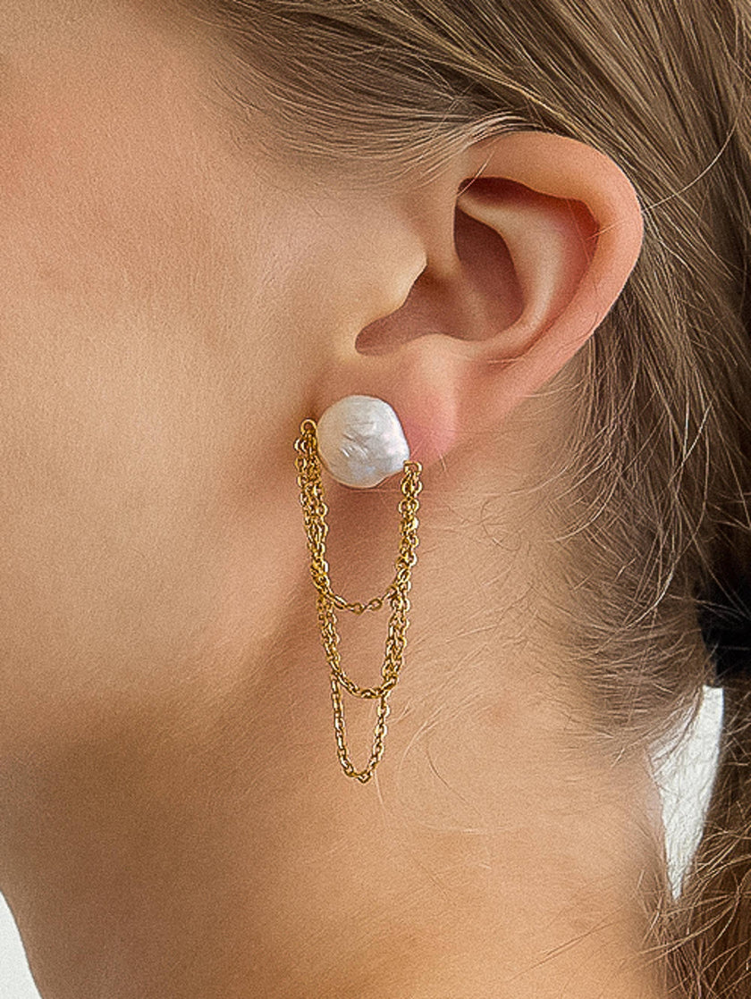 Gold Plated Baroque Pearl Chain Earrings