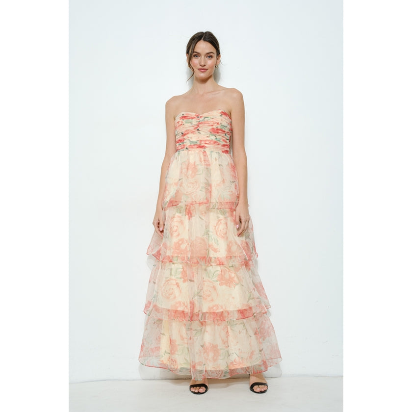 Floral-Tiered Strapless Maxi Dress