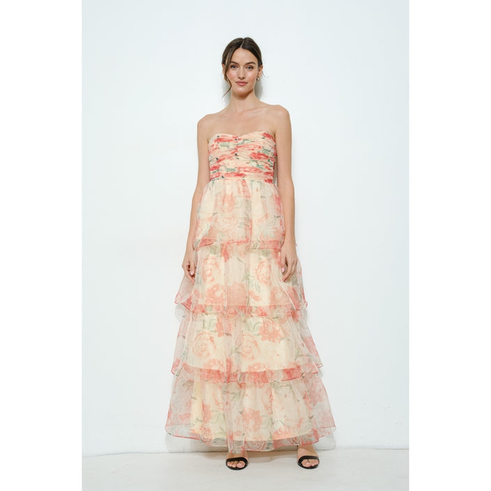 Floral-Tiered Strapless Maxi Dress