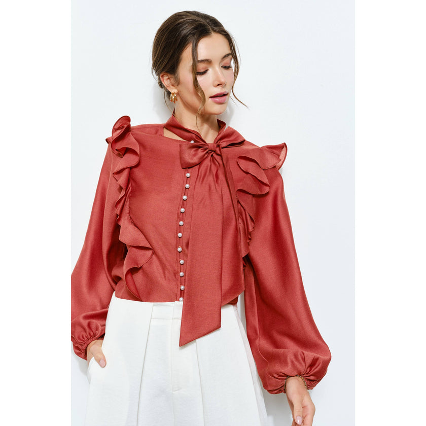 Soft Wool Blouse with Bow Tie & Pearl Buttons