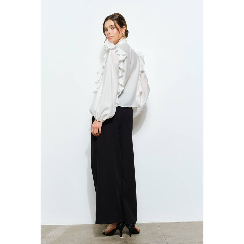 Soft Wool Blouse with Bow Tie & Pearl Buttons