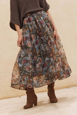 Floral-Print Organza Pleated Midi Skirt