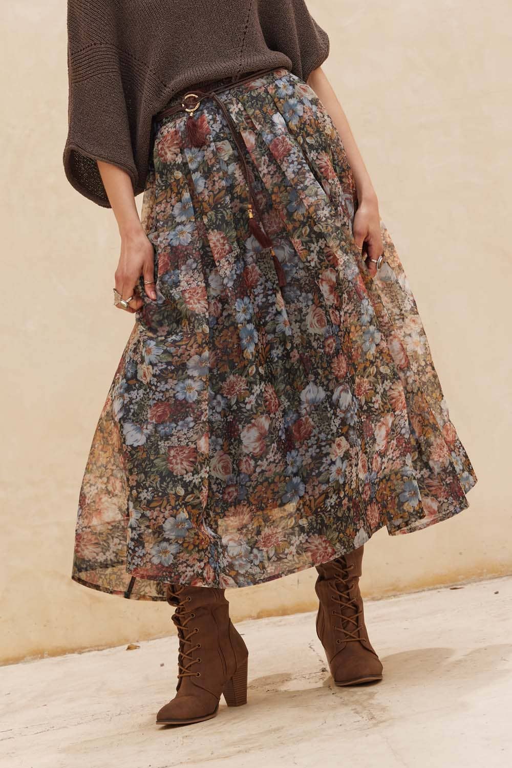 Floral-Print Organza Pleated Midi Skirt