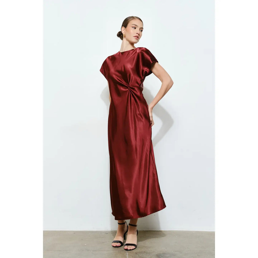 Burgundy Satin Side‑Knot Draped Midi Dress