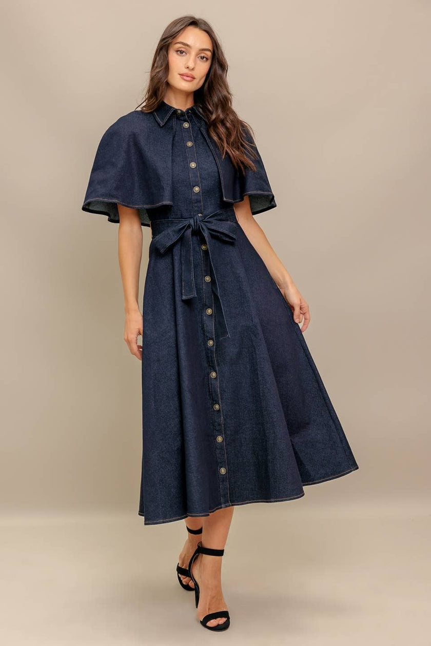 Denim Capelet Midi Dress