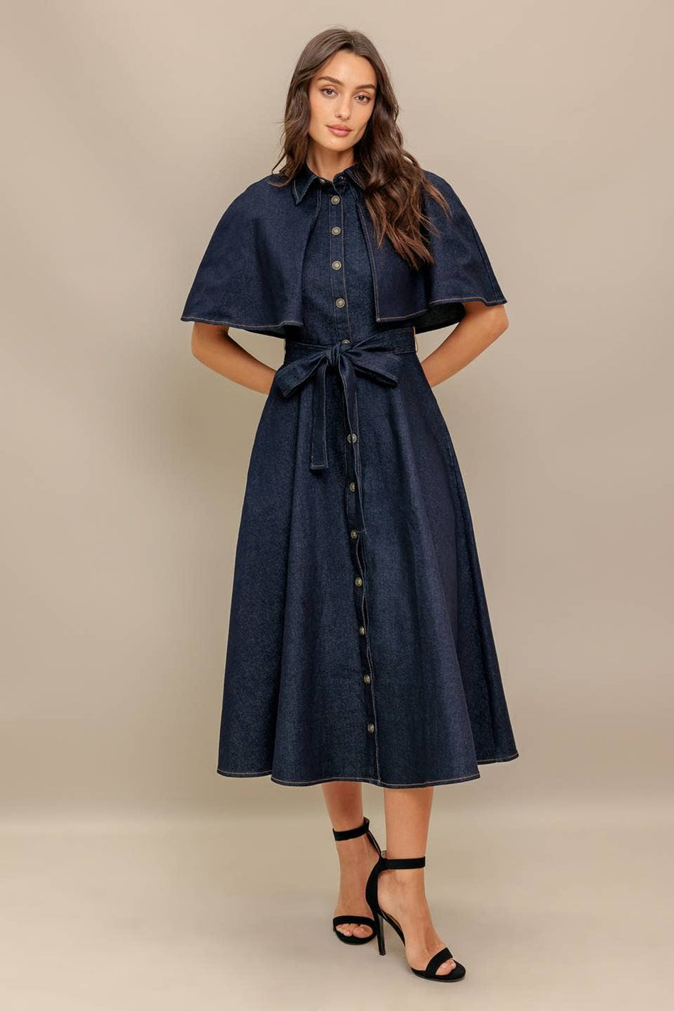 Denim Capelet Midi Dress