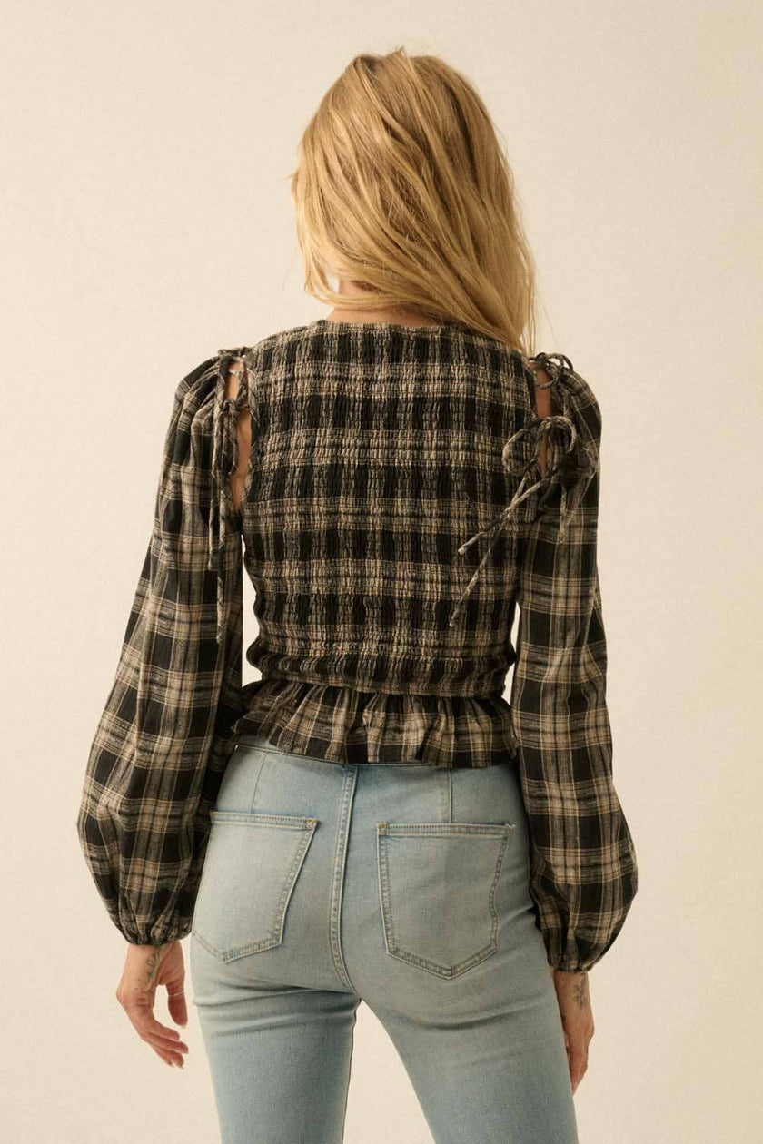 Plaid Flannel Smocked Balloon-Sleeve Cropped Top