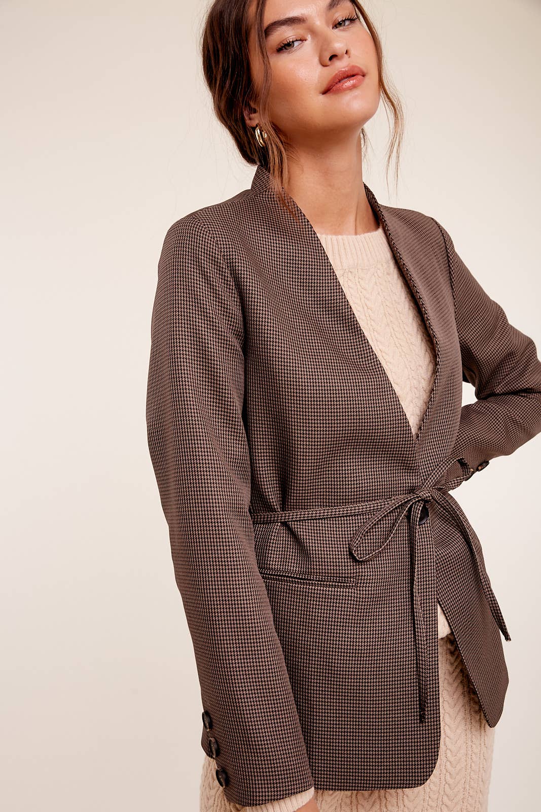 Belted Houndstooth Blazer