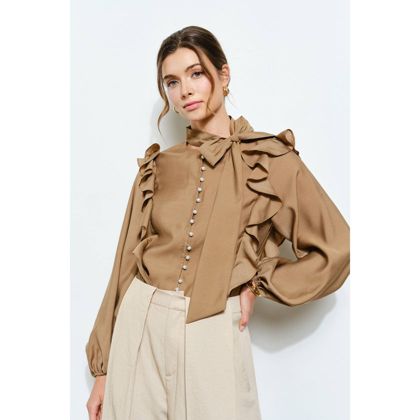 Soft Wool Blouse with Bow Tie & Pearl Buttons