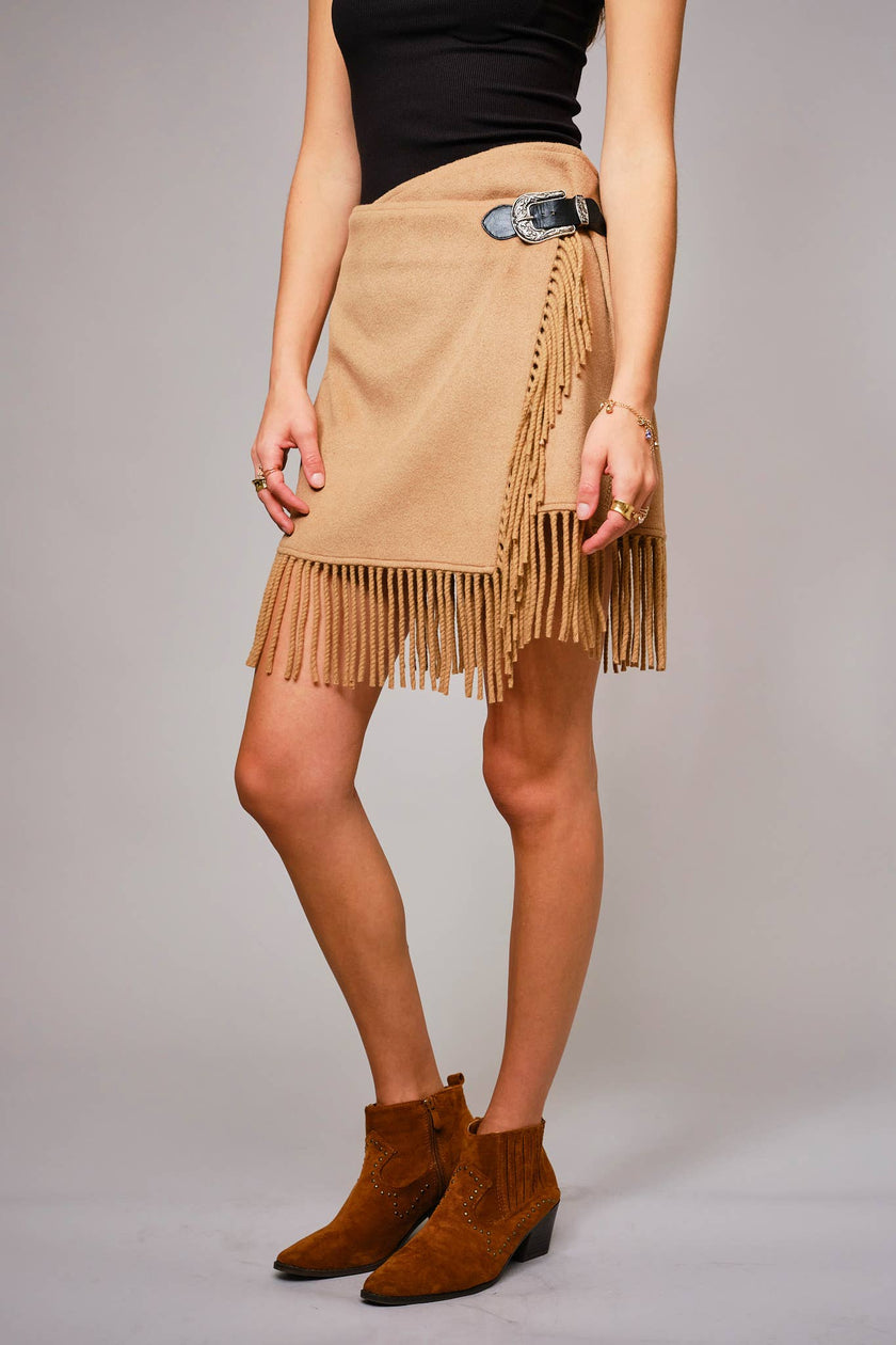 Fringe Buckle Wrap Mini Skirt